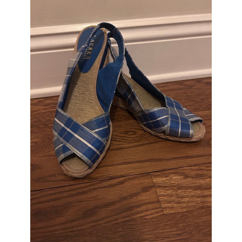 Lauren Ralph Lauren Camara Blue Plaid Espadrille Wedge Sandal Sz 8 Summer Preppy